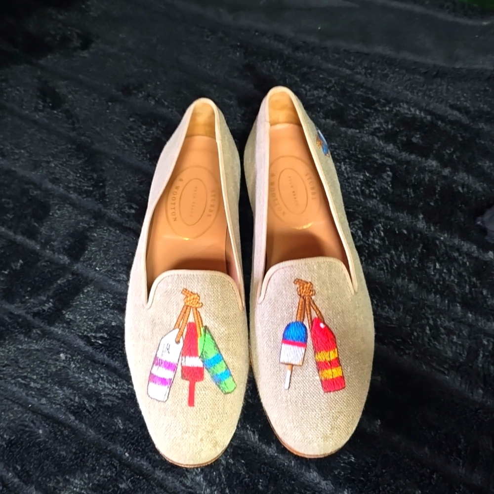 Stubbs & wootton Men's Embroidered Basebal Linen Smoking Slippers/loafers. Sz 10